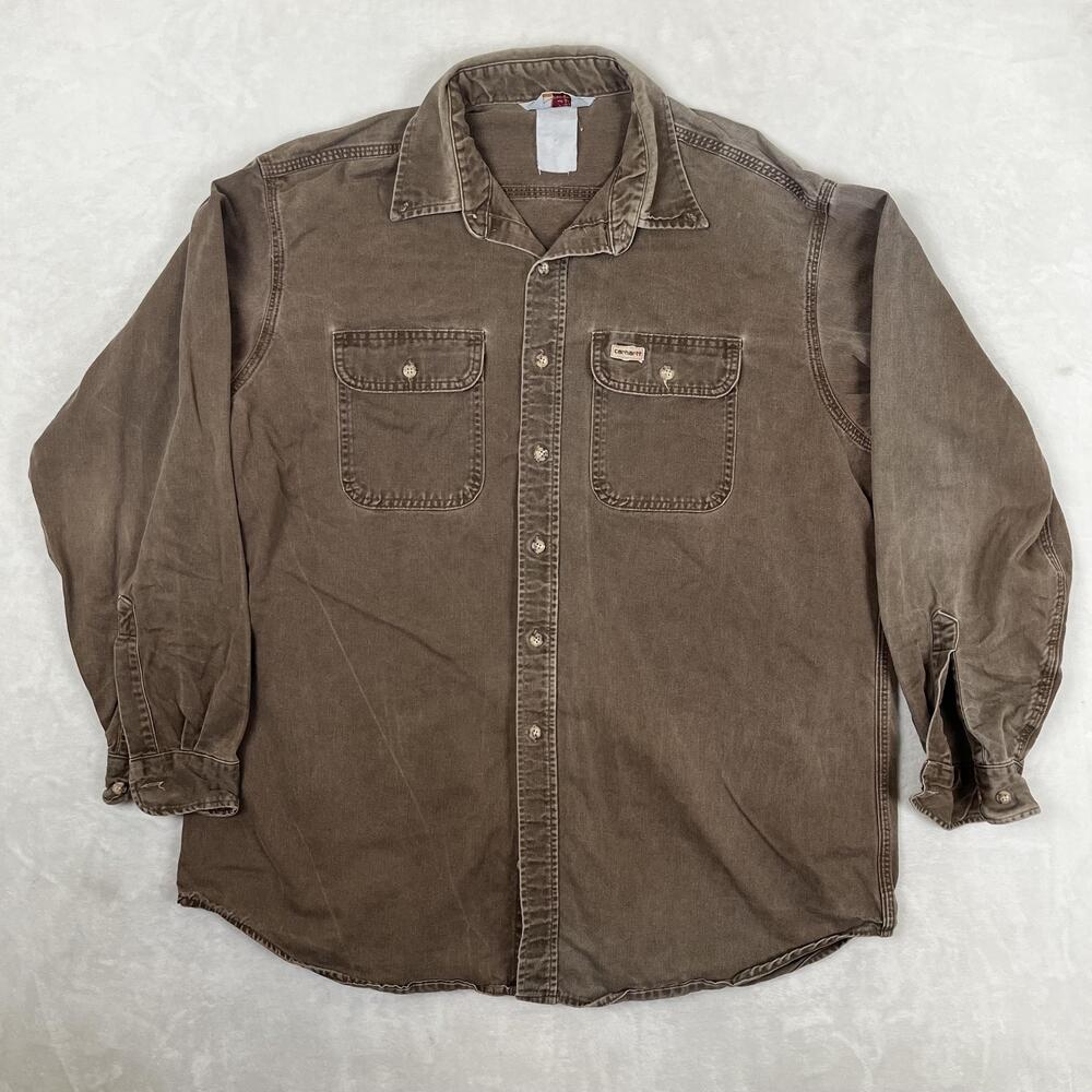 Vintage Carhartt Shirt Mens XL Brown Solid Long Sleeve Button Front Workwear